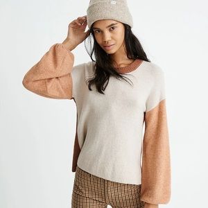 MADEWELL Colorblock Payton Pullover Crew Sweater Coziest Yarn Cream Brown Medium